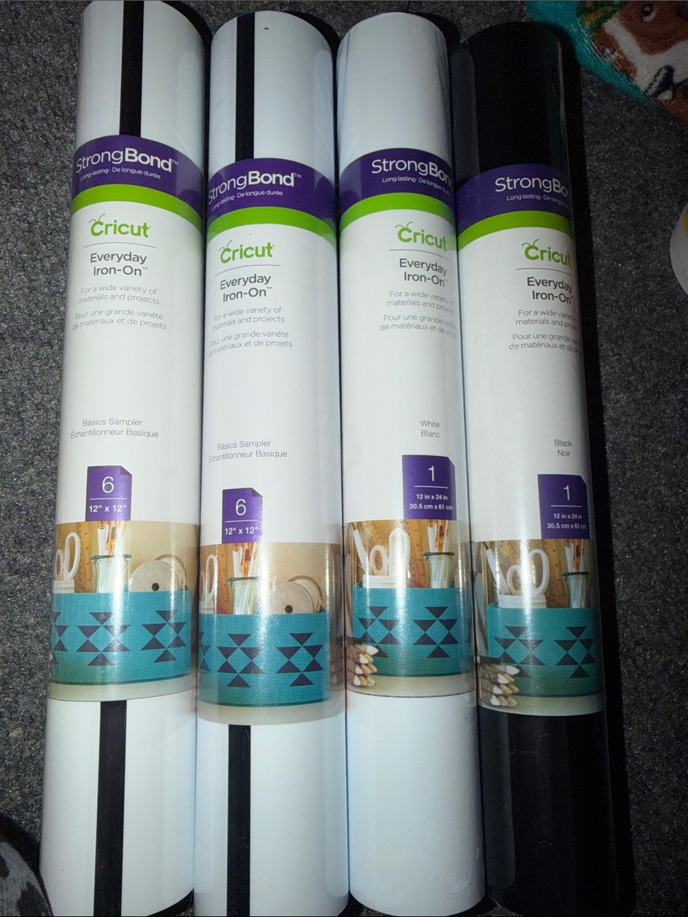 (2) Cricut Everyday Iron-On Rolls basic samples b/w & 1) White & (1)Black Pack